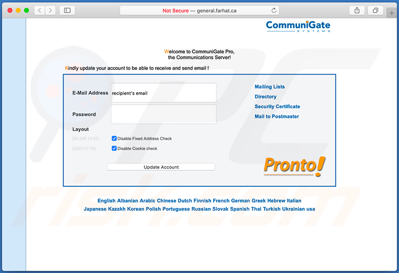 General.farhat.ca phishing website promoted via spam email