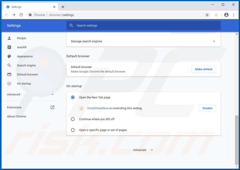 Removing emailchecknow.com from Google Chrome homepage