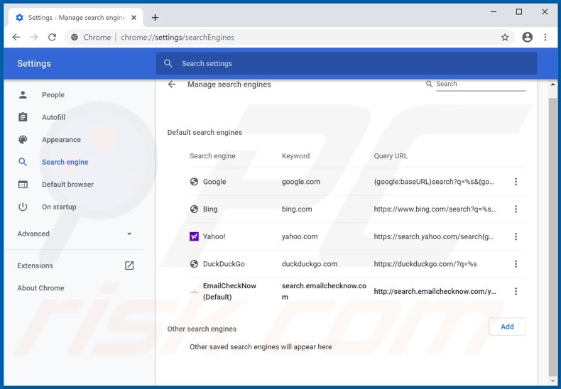 Removing emailchecknow.com from Google Chrome default search engine