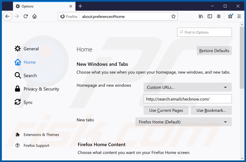 Removing emailchecknow.com from Mozilla Firefox homepage