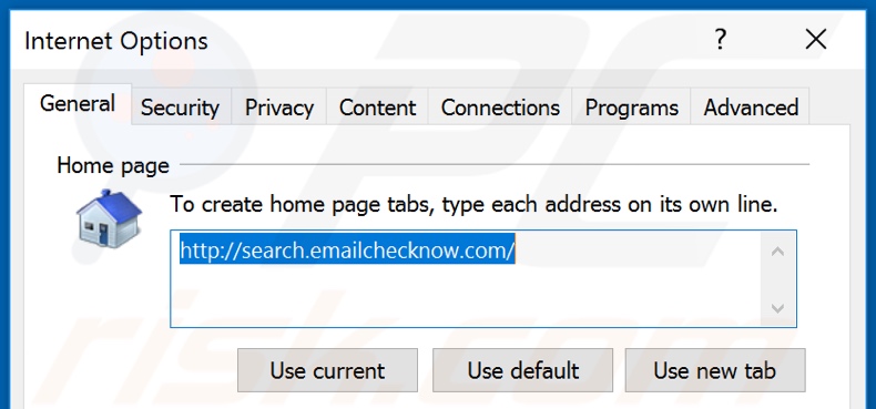 Removing emailchecknow.com from Internet Explorer homepage