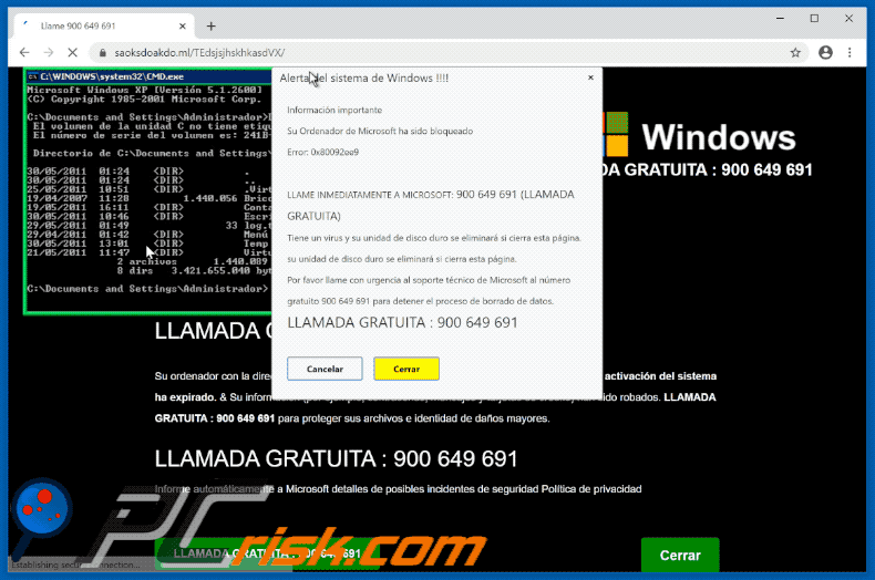 Spanish variant of Error # 0x80092ee9 pop-up scam