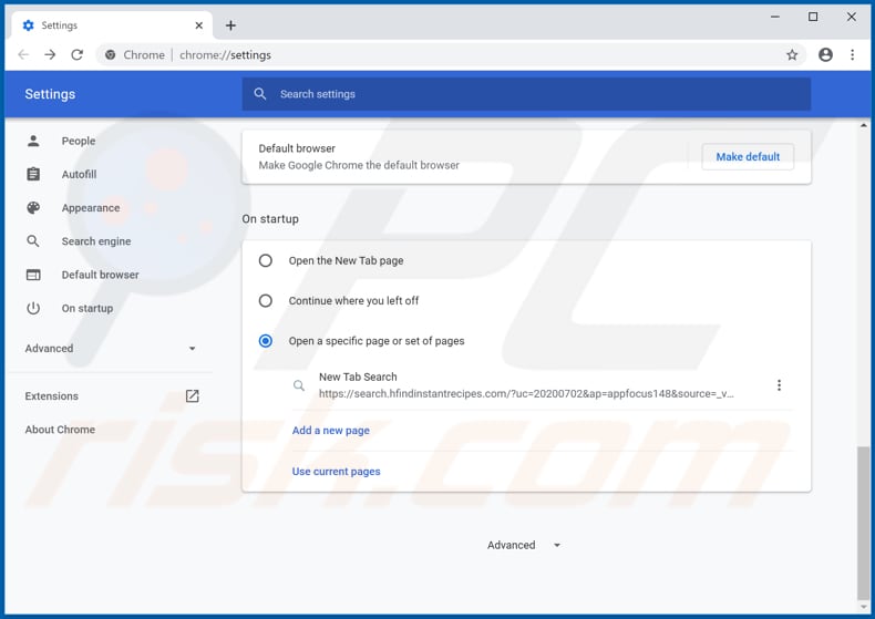 Removing hfindinstantrecipes.com from Google Chrome homepage
