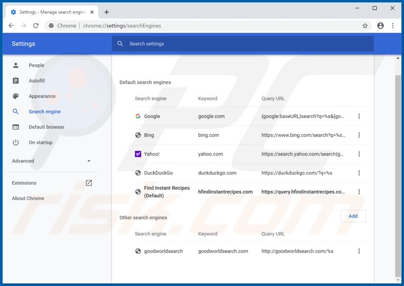 Removing hfindinstantrecipes.com from Google Chrome default search engine