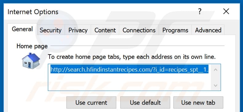 Removing hfindinstantrecipes.com from Internet Explorer homepage