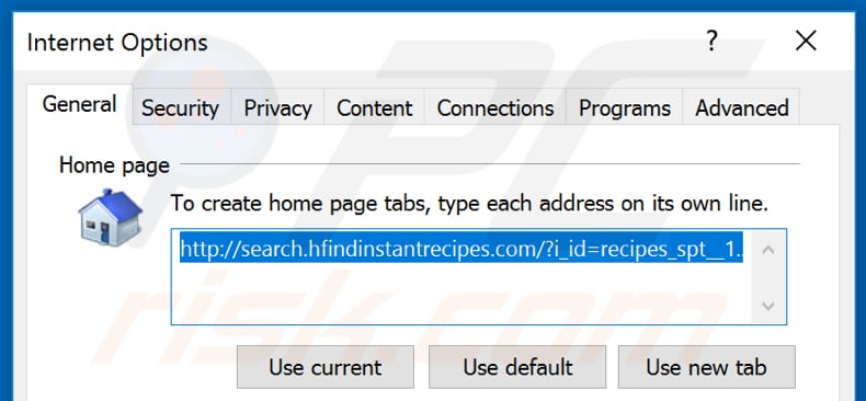 Removing hfindinstantrecipes.com from Internet Explorer homepage