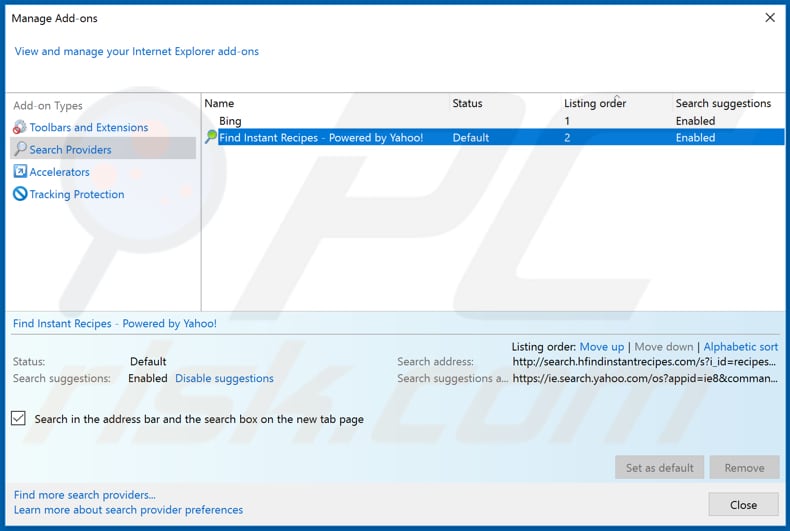 Removing hfindinstantrecipes.com from Internet Explorer default search engine