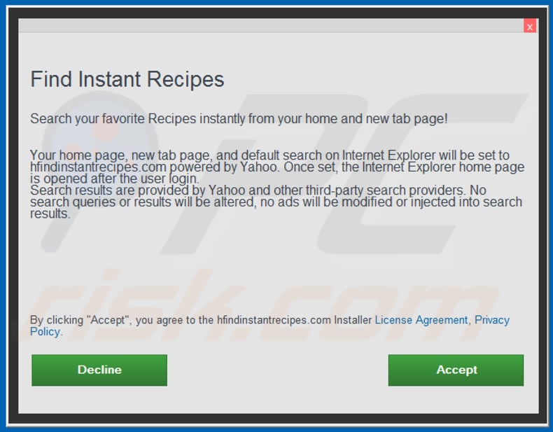 Official Find Instant Recipes browser hijacker installation setup