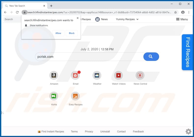 hfindinstantrecipes.com browser hijacker