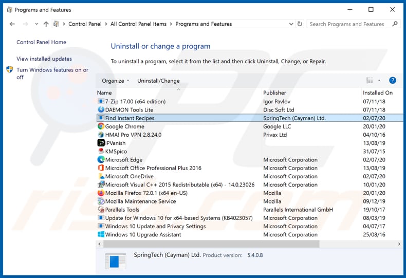 hfindinstantrecipes.com browser hijacker uninstall via Control Panel