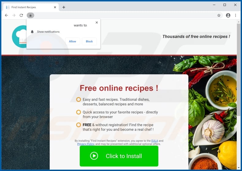 Website used to promote Find Instant Recipes browser hijacker