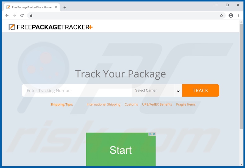 Website used to promote Free Package Tracker Plus adware