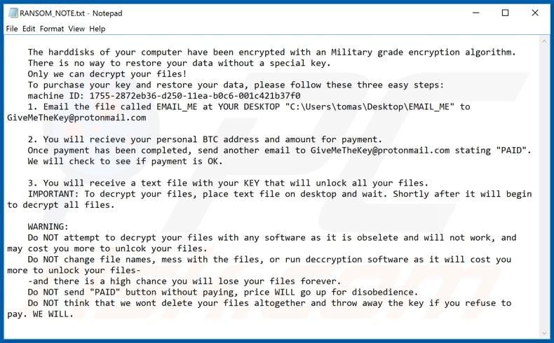 GiveMeTheKey decrypt instructions (RANSOM_NOTE.txt)