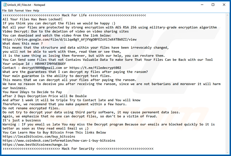 Hack For Life ransomware update ransom note