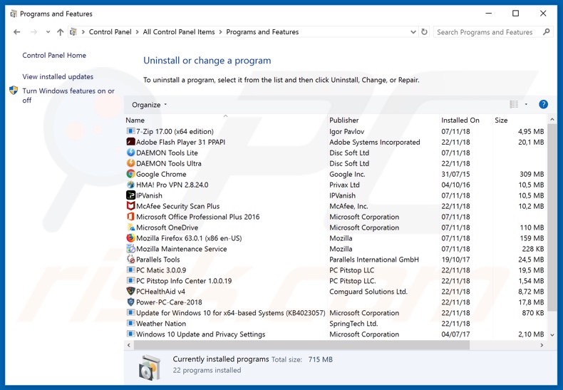 History Wipe Clean adware uninstall via Control Panel