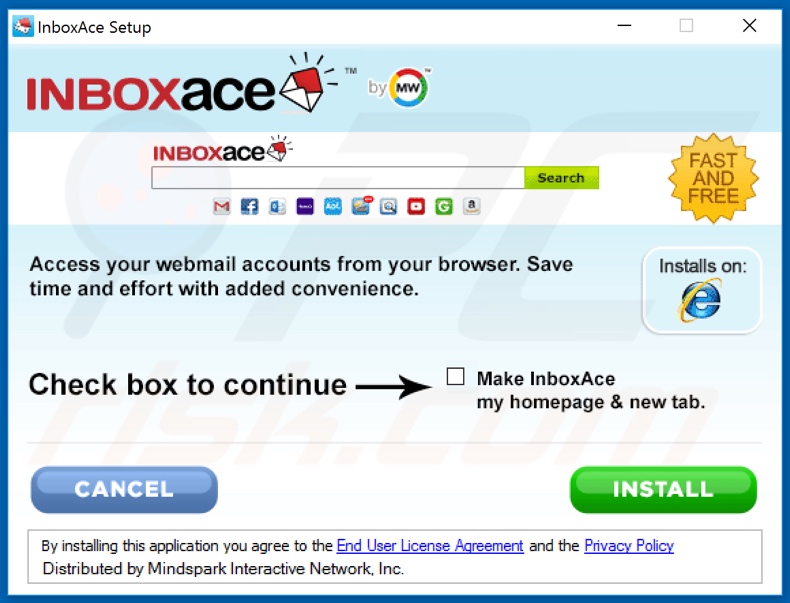 Official InboxAce browser hijacker installation setup