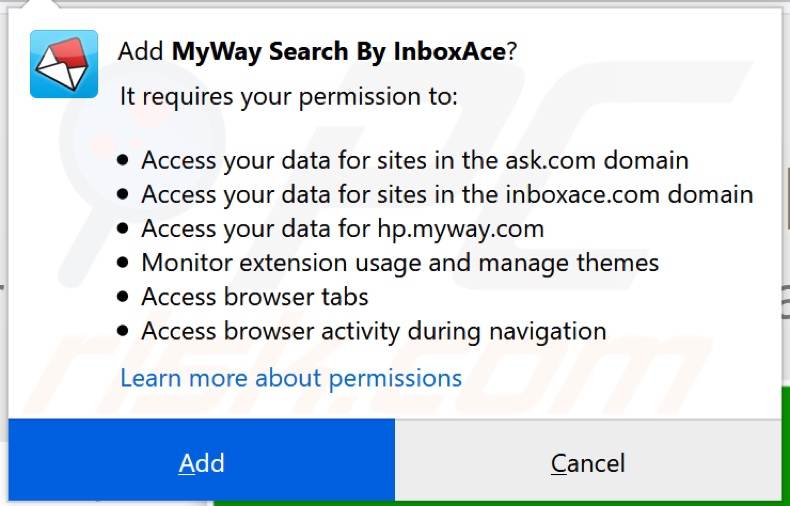 InboxAce browser hijacker asking for permissions (Firefox)