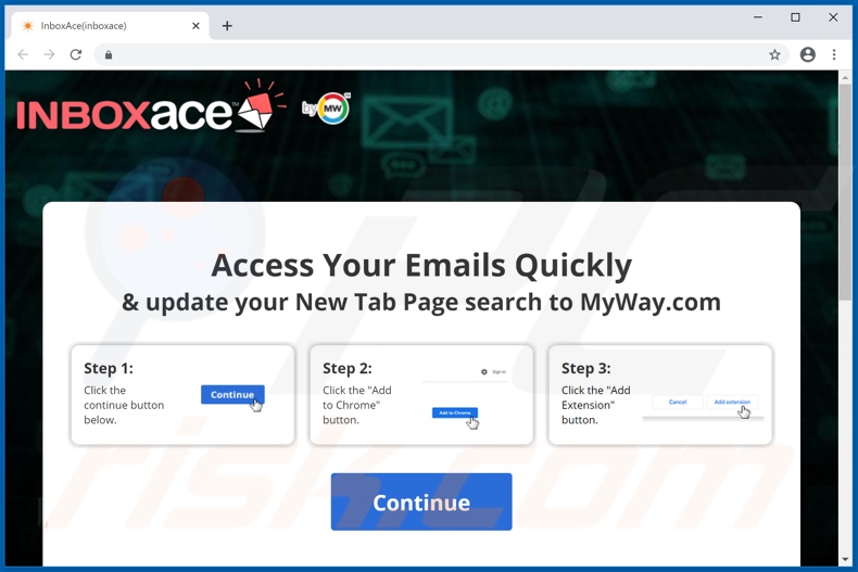 Website used to promote InboxAce browser hijacker (Chrome)