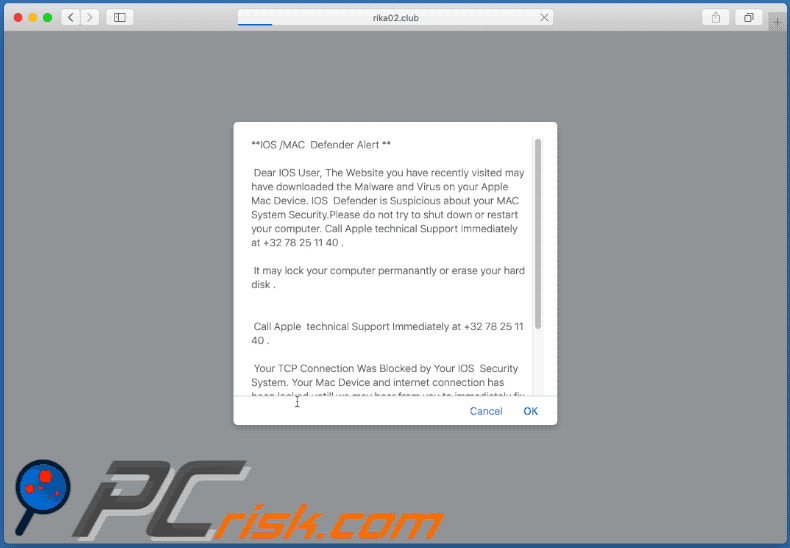Appearance of IOS /MAC Defender Alert scam (GIF)