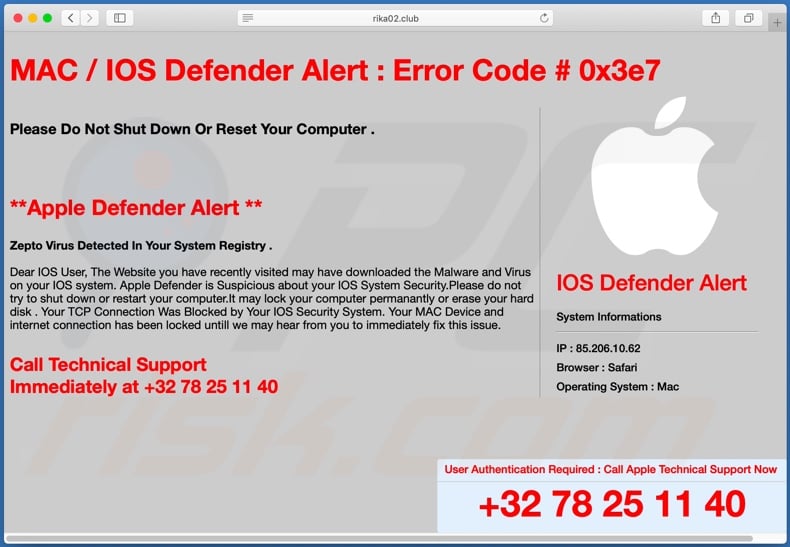 IOS /MAC Defender Alert scam background page