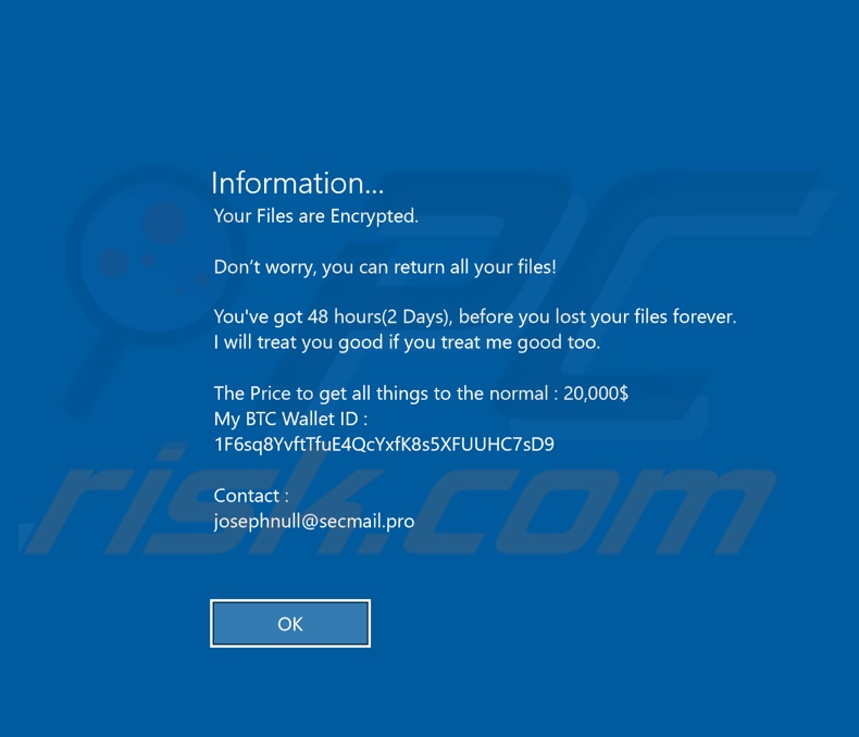Josephnull ransomware displayed screen after users log-in to their account