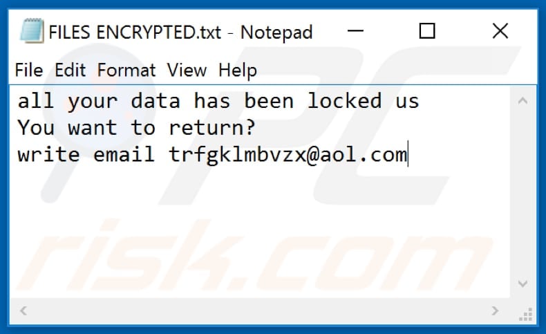 Mnbzr ransomware text file (FILES ENCRYPTED.txt)