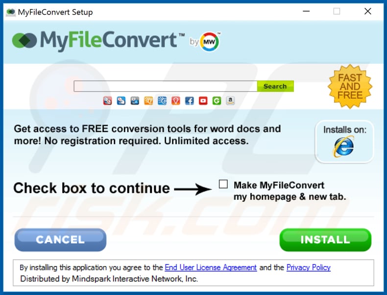 Official MyFileConvert browser hijacker installation setup