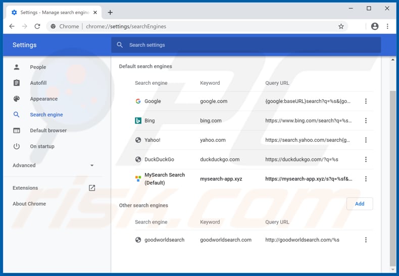 Removing mysearch-app.xyz from Google Chrome default search engine