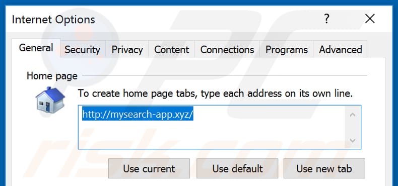 Removing mysearch-app.xyz from Internet Explorer homepage