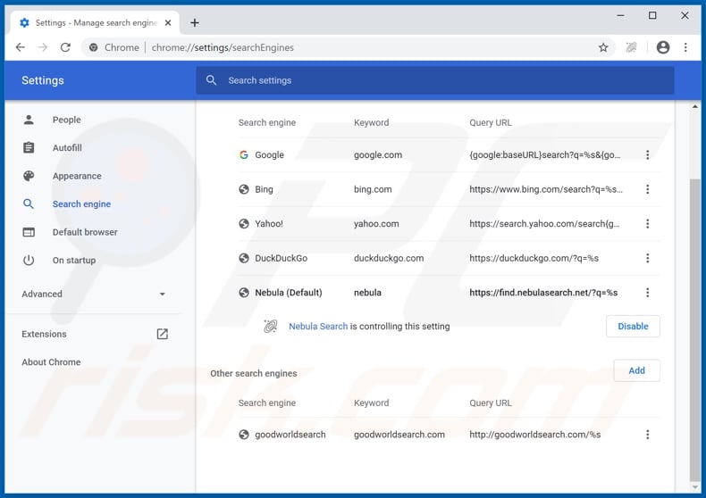 Removing nebulasearch.net from Google Chrome default search engine