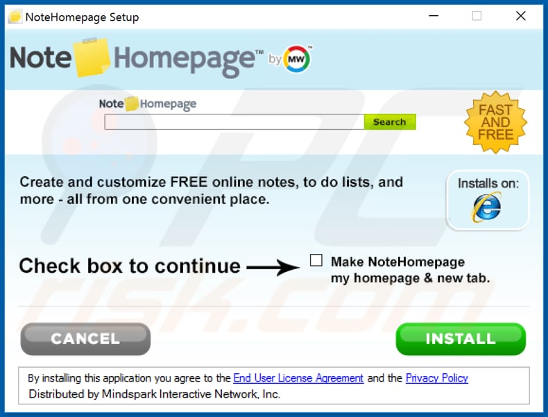 Official NoteHomepage browser hijacker installation setup