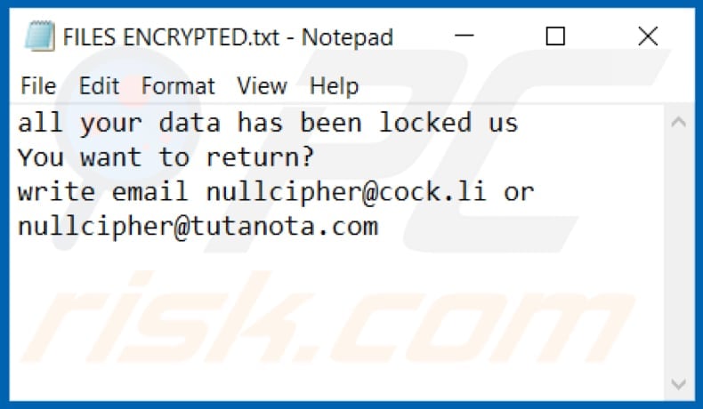 Null ransomware text file (FILES ENCRYPTED.txt)