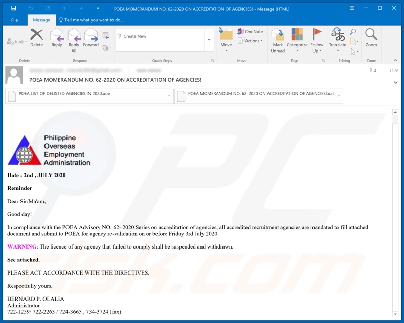 Philippine Overseas Employment Administration malware-spreading email spam campaign