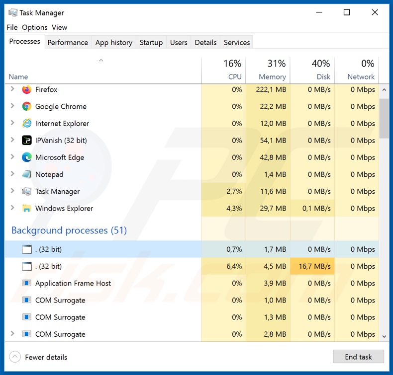 Pojie ransomware process on task manager (process name - full stop / period punctuation mark)