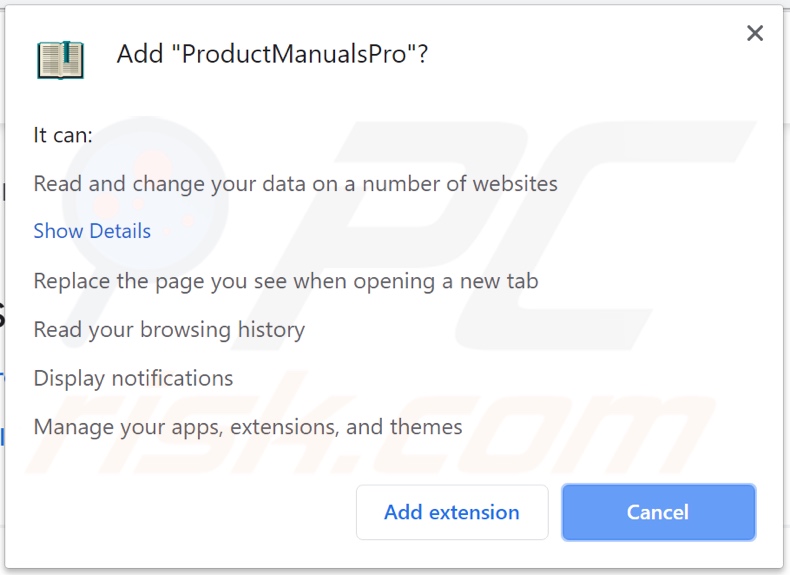 ProductManualsPro browser hijacker asking for permissions (Chrome)