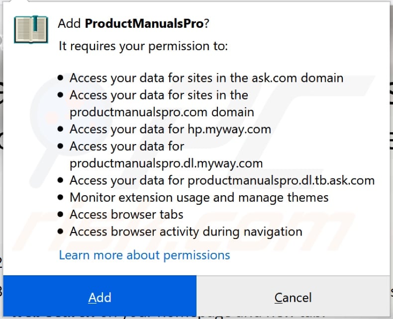 ProductManualsPro browser hijacker asking for permissions (Firefox)