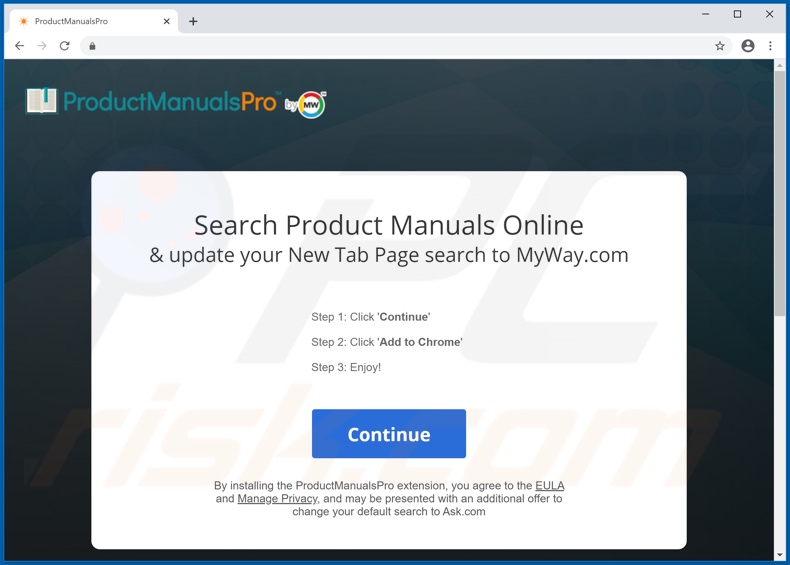 Website used to promote ProductManualsPro browser hijacker (Chrome)