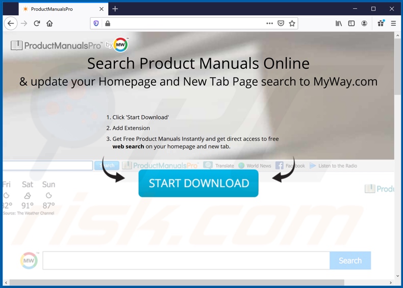 Website used to promote ProductManualsPro browser hijacker (Firefox)