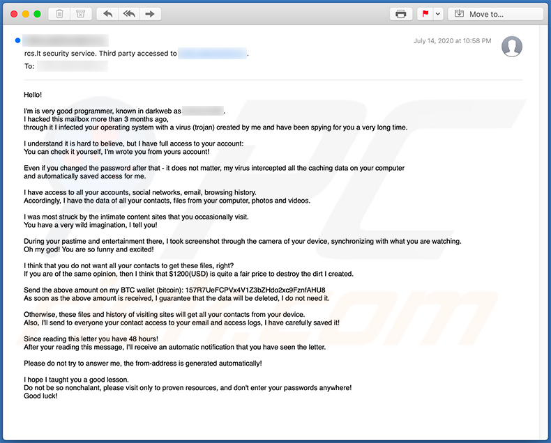 Programmer Known In Darkweb scam email (2020-07-17)
