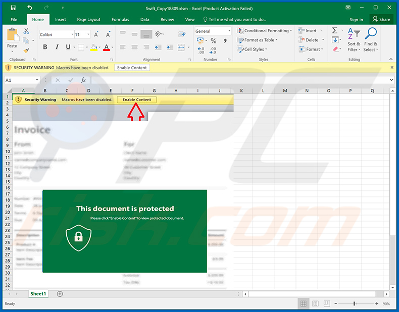 Malicious MS Excel document designed to inject Quasar RAT into the system