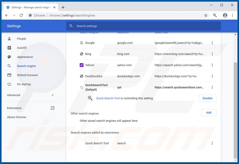 Removing quicksearchtool.com from Google Chrome default search engine
