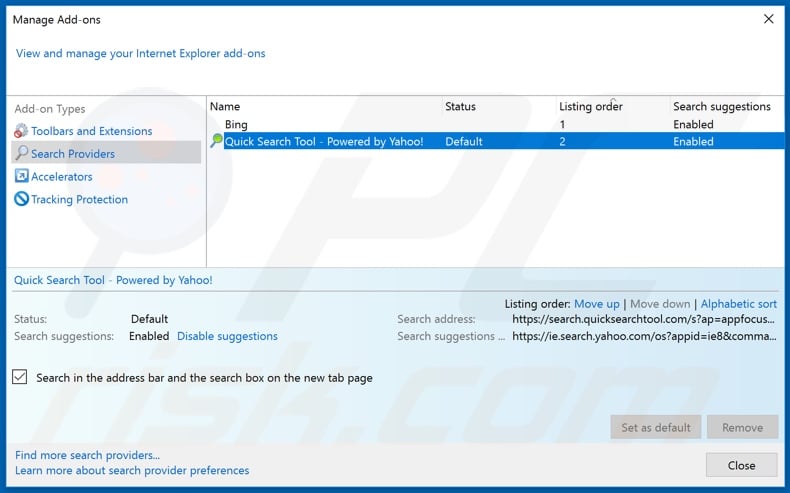 Removing quicksearchtool.com from Internet Explorer default search engine