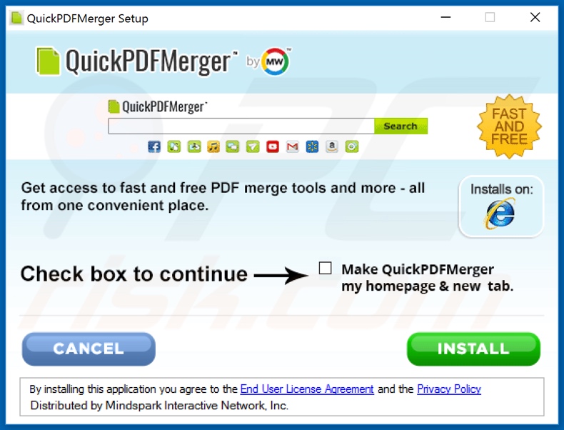 Official QuickPDFMerger browser hijacker installation setup