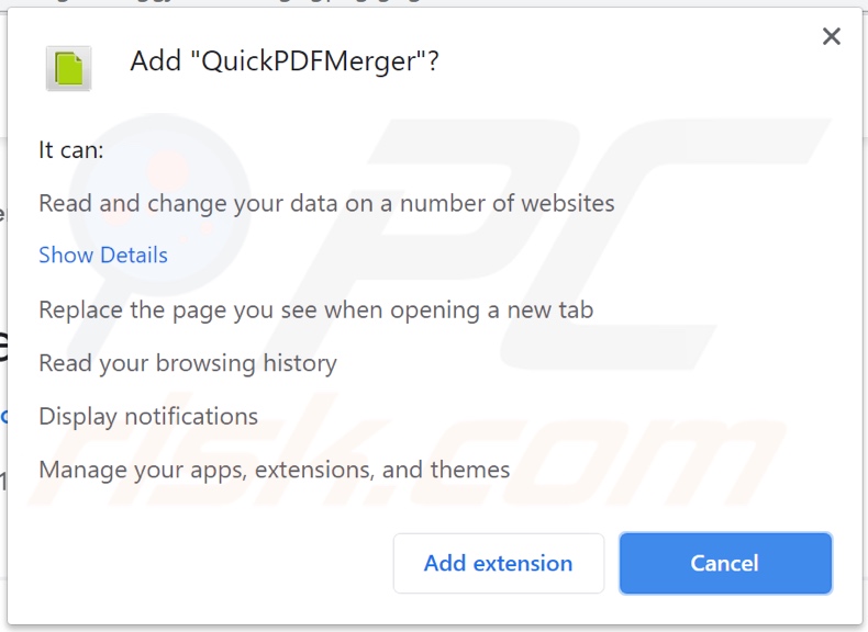 QuickPDFMerger browser hijacker asking for permissions on Chrome