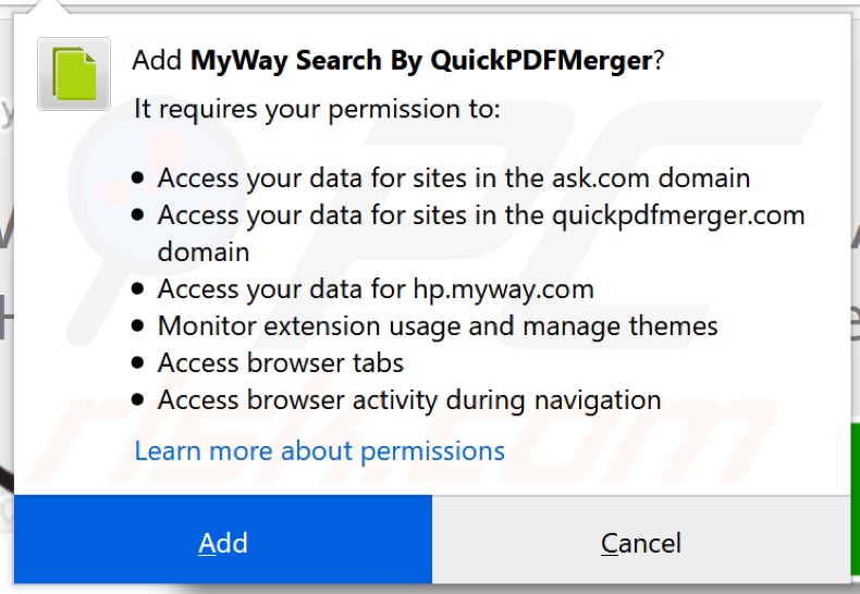 QuickPDFMerger browser hijacker asking for permissions on Firefox