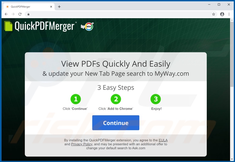 Website used to promote QuickPDFMerger browser hijacker (Chrome)