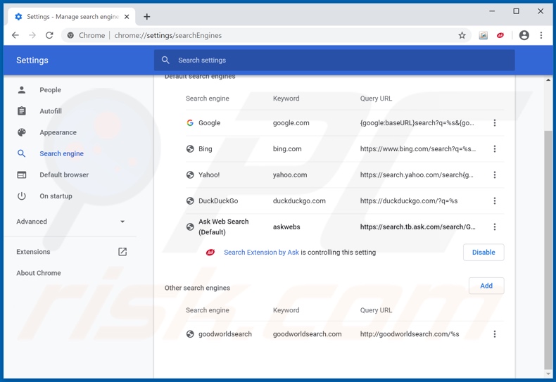 Removing hp.myway.com from Google Chrome default search engine