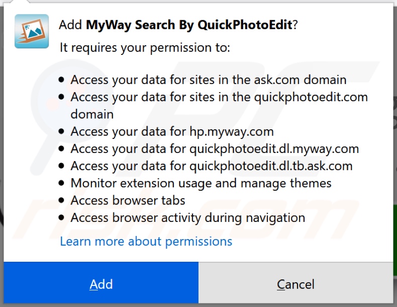 QuickPhotoEdit browser hijacker asking for permissions (Firefox)