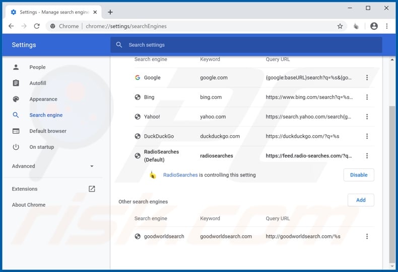 Removing radio-searches.com from Google Chrome default search engine