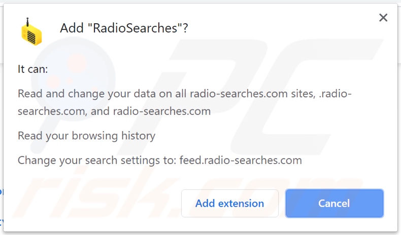 RadioSearches browser hijacker asking for permissions